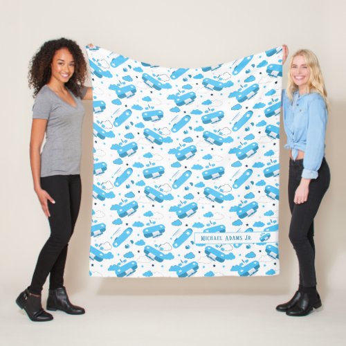 Cute White  Blue Planes and Clouds Kids Monogram Fleece Blanket