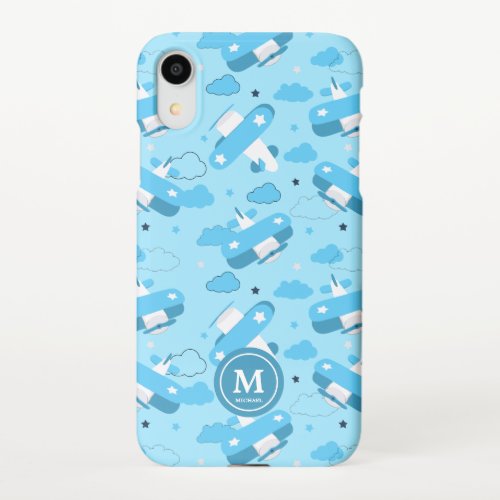 Cute White  Blue Planes and Clouds Kids Monogram iPhone XR Case