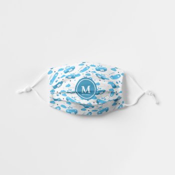 Cute White & Blue Planes And Clouds Kids Monogram Kids' Cloth Face Mask by LifeInColorStudio at Zazzle