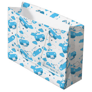 Cute White & Blue Planes and Clouds Kids Monogram Large Gift Bag