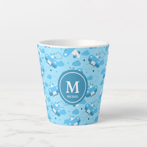 Cute White  Blue Planes and Clouds Kids Monogram Latte Mug