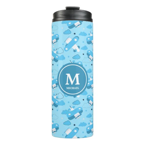 Cute White  Blue Planes and Clouds Kids Monogram Thermal Tumbler