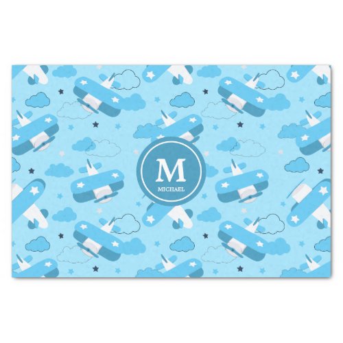 Cute White  Blue Planes and Clouds Kids Monogram Tissue Paper