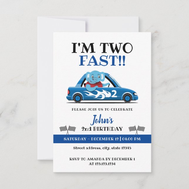 Cute White & Blue Race Car Two Fast 2nd Birthday Invitation (Front)