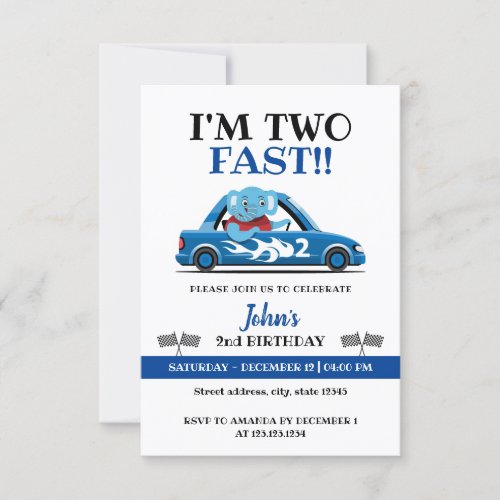 Cute White  Blue Race Car Two Fast 2nd Birthday Invitation