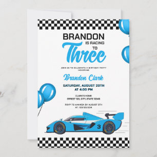 Cute White & Blue Racecar Kids Birthday Invitation