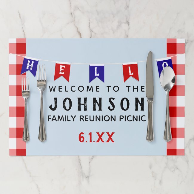 Cute White & Blue Red Gingham Picnic Hello Banner