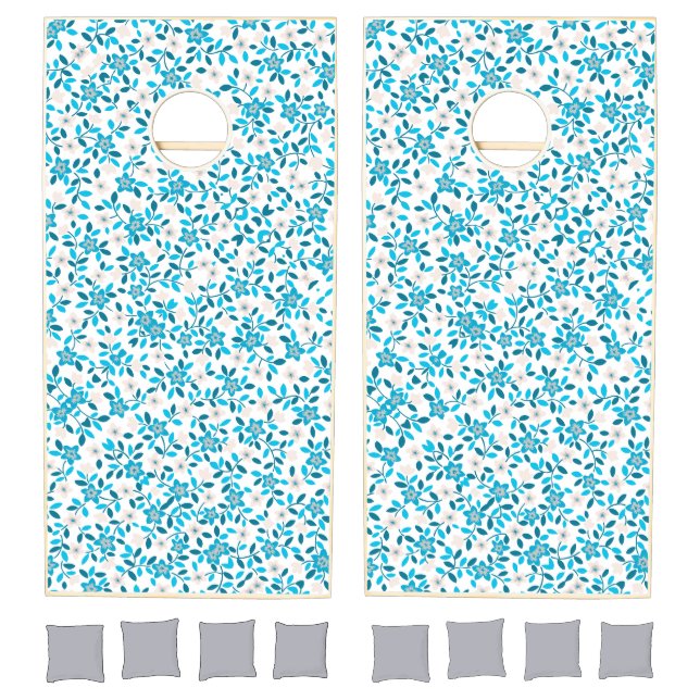 Cute white blue seamless spring flowers patterns cornhole set (Set)