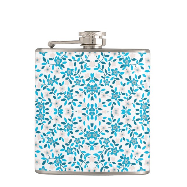 Cute white blue seamless spring flowers patterns flask (Front)