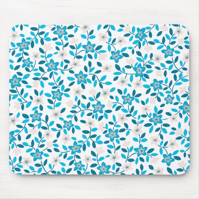 Cute white blue seamless spring flowers patterns mouse pad (Front)