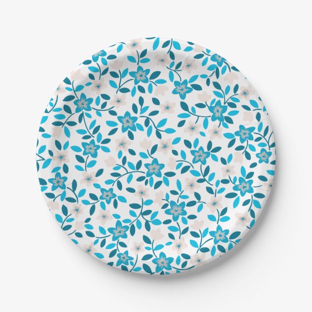 Cute white blue seamless spring flowers patterns paper plates (Front)
