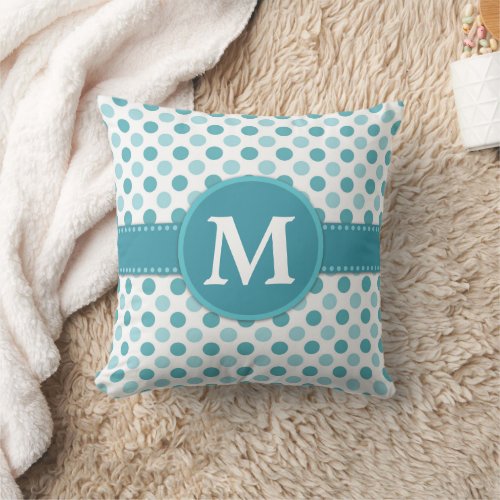 Cute White Blue Teal Polka Dot Monogram Initial Throw Pillow