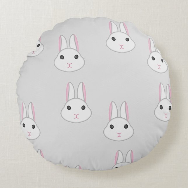 Cute white bunnies on gray round pillow (Front)