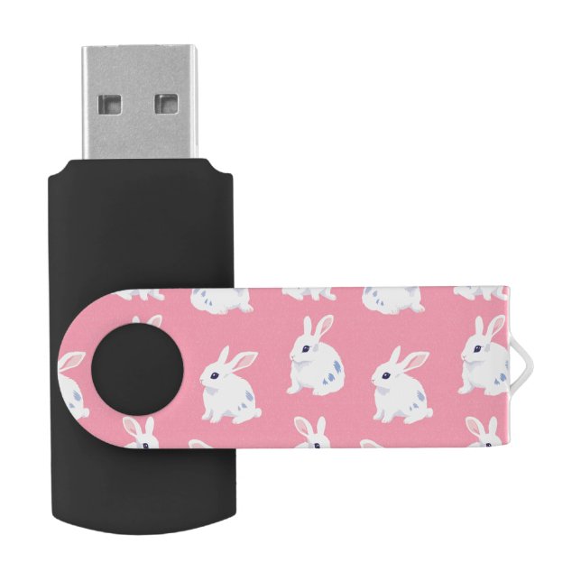 Cute White Bunnies on Pink - Adorable Pattern Flash Drive (Opened)
