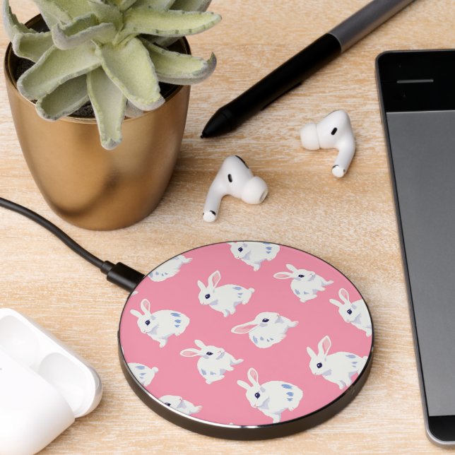 Cute White Bunnies on Pink - Adorable Pattern Wireless Charger (Desk 2)