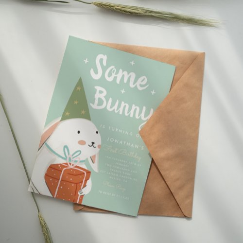 Cute White Bunny 1st Birthday Invitation