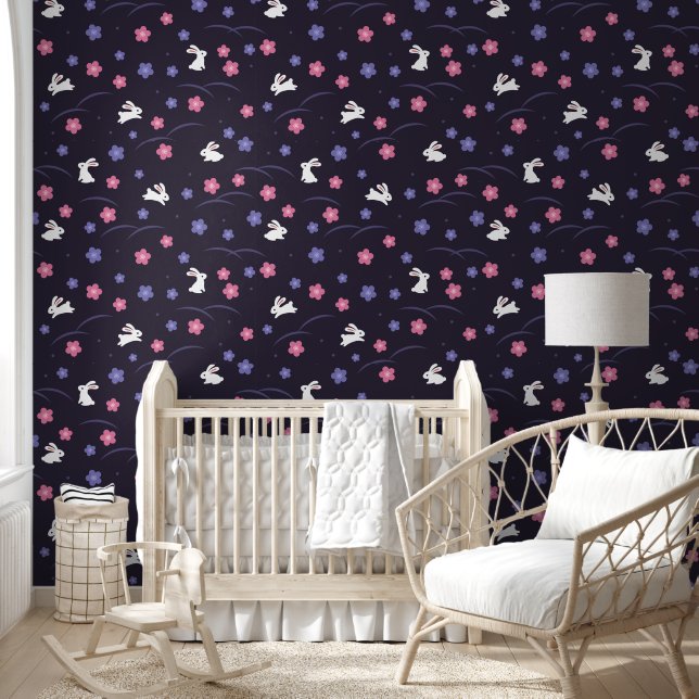 Cute White Bunny and Flowers on Purple Pattern Wallpaper (Kids)