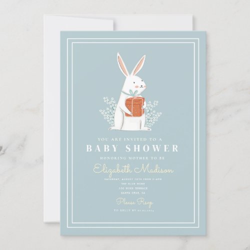 Cute White Bunny Blue Baby Shower   Invitation