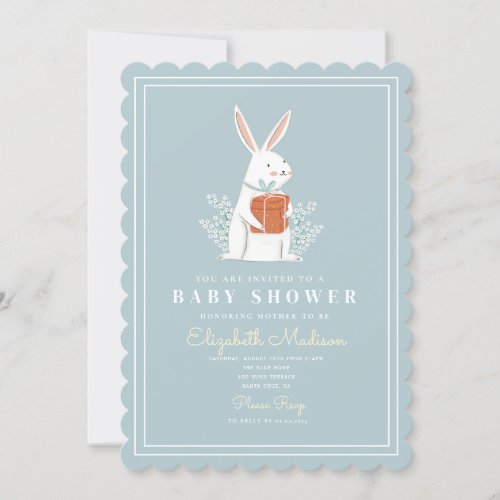 Cute White Bunny Blue Baby Shower Invitation
