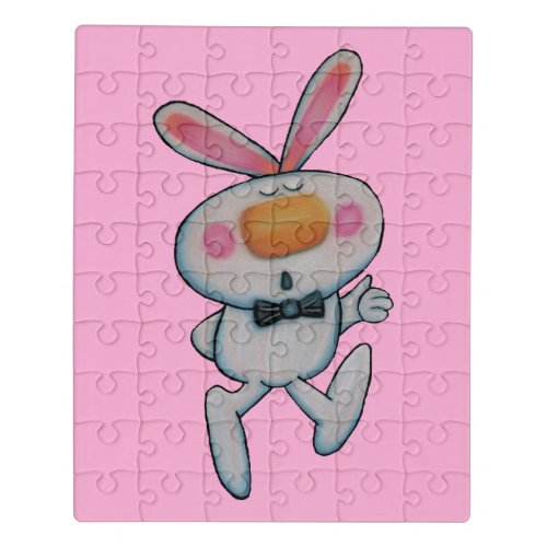 Cute White Bunny Bow Tie Thumbs Up Pink Jigsaw Puzzle