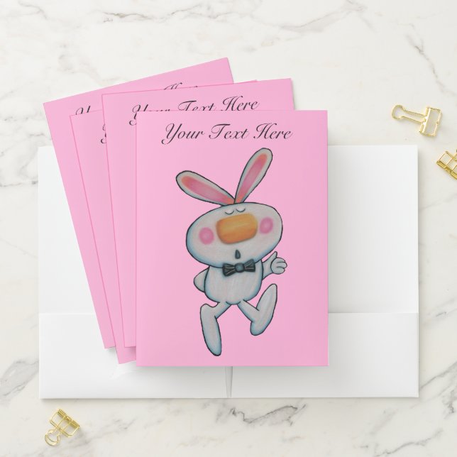Cute White Bunny Bow Tie Thumbs Up Sign Pink Pocket Folder (In Situ)