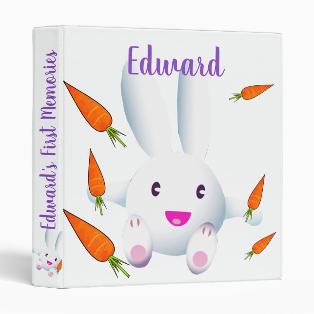Cute White Bunny & Carrots 3 Ring Binder (Front/Spine)