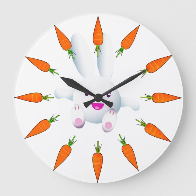 Cute White Bunny & Carrots Large Clock (Front)