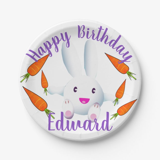 Cute White Bunny & Carrots Paper Plates (Front)