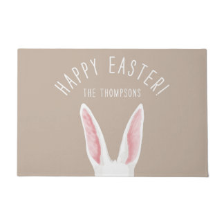 Cute White Bunny Ears On Beige Happy Easter Doormat