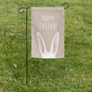 Cute White Bunny Ears On Beige Happy Easter Garden Flag