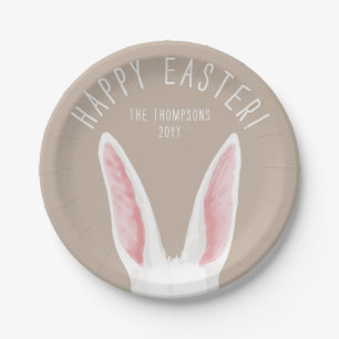 Cute White Bunny Ears On Beige Happy Easter Paper Plates