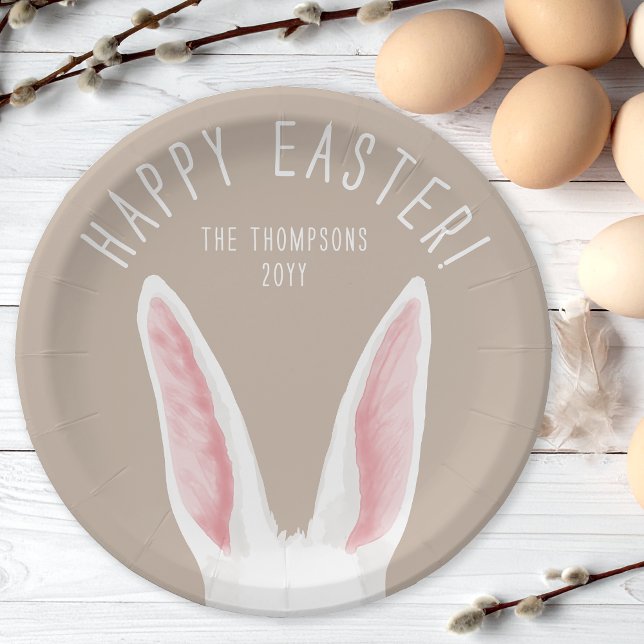 Cute White Bunny Ears On Beige Happy Easter Paper Plates (Creator Uploaded)