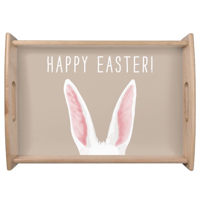 Cute White Bunny Ears On Beige Happy Easter Serving Tray (Front)