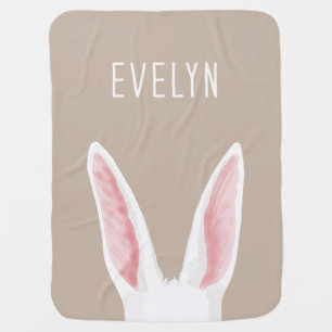 Cute White Bunny Ears On Beige With Baby's Name Baby Blanket