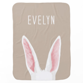 Cute White Bunny Ears On Beige With Baby's Name Baby Blanket