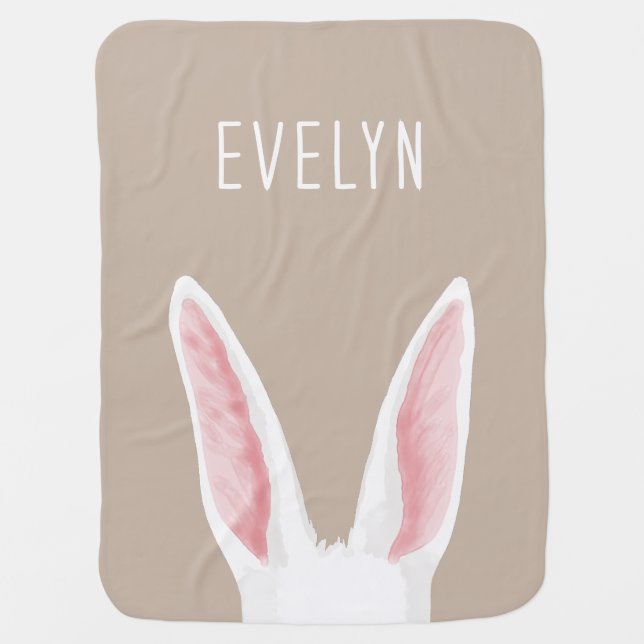 Cute White Bunny Ears On Beige With Baby's Name Baby Blanket (Front)