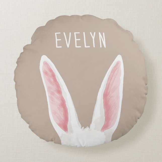 Cute White Bunny Ears On Beige With Kid's Name Round Pillow (Front)