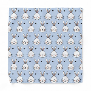 Cute White Bunny Faces and Hearts Pattern Blue Bandana