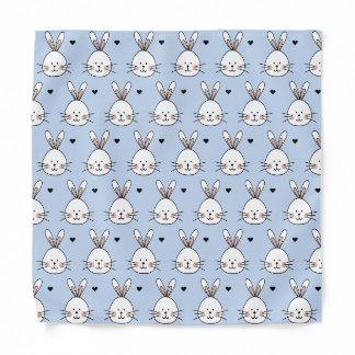 Cute White Bunny Faces and Hearts Pattern Blue Bandana