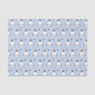 Cute White Bunny Faces and Hearts Pattern Blue Tissue Paper