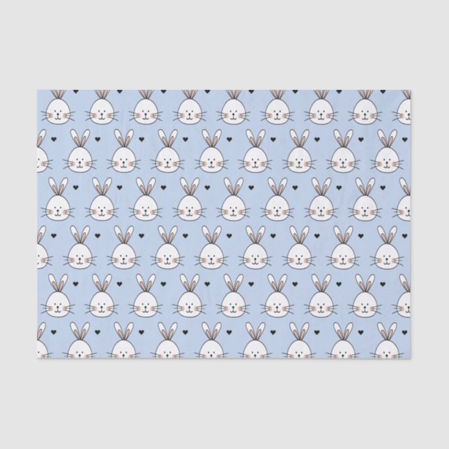 Cute White Bunny Faces and Hearts Pattern Blue Tissue Paper (Front)
