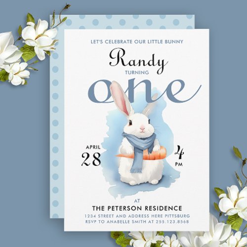 Cute White Bunny First Birthday Party Watercolor Invitation