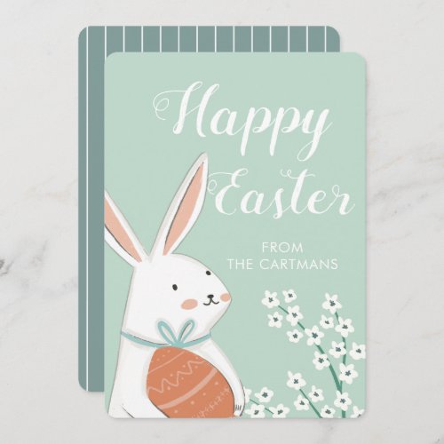 Cute White Bunny Flowers Happy Easter  Holiday Card