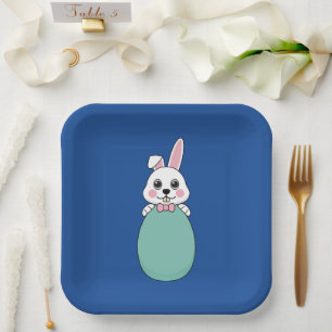 Cute White Bunny Holding Easter Egg Paper Plates