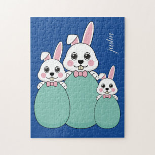 Cute White Bunny Holding Easter Egg   Personalize Jigsaw Puzzle