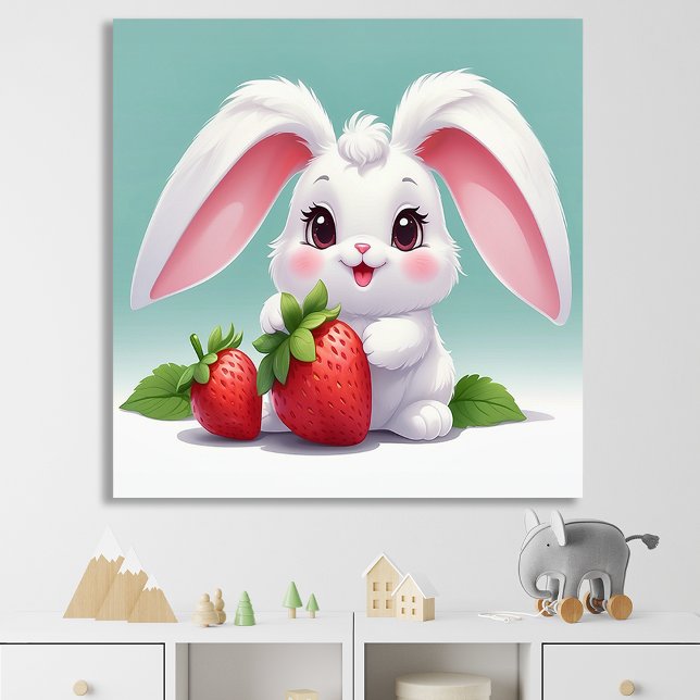 Cute White Bunny Holding Strawberries Poster (Creator Uploaded)