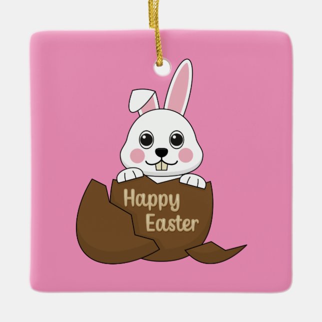 Cute White Bunny in Chocolate Egg Happy Easter Ceramic Ornament (Front)