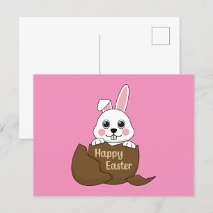 Cute White Bunny in Chocolate Egg Happy Easter Holiday Postcard