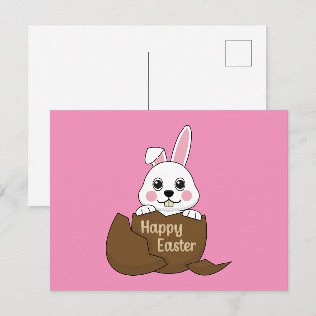 Cute White Bunny in Chocolate Egg Happy Easter Holiday Postcard (Front/Back)