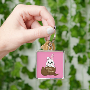 Cute White Bunny in Chocolate Egg Happy Easter Keychain